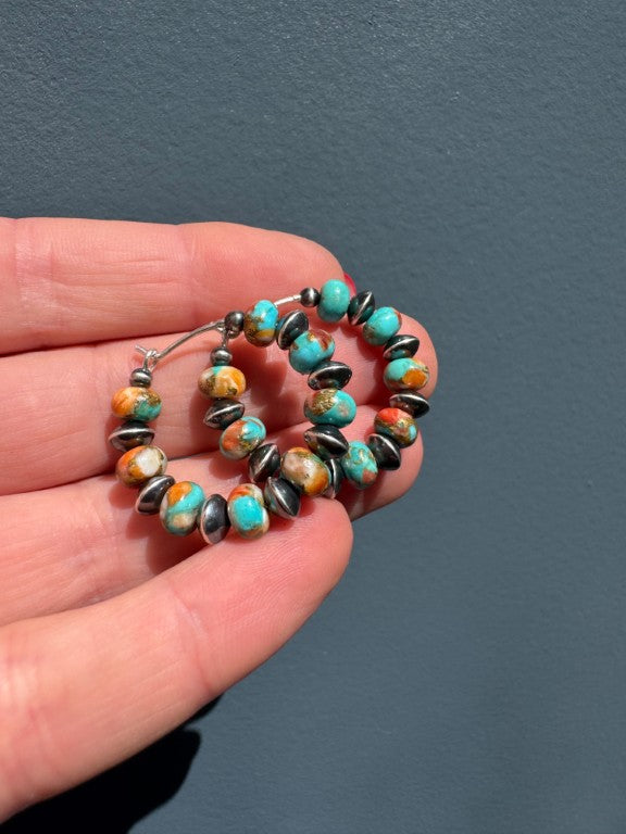 Spiny Oyster Mohave Copper Turquoise Earrings, Medium Hoops