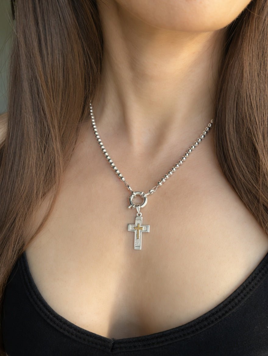 Sterling Silver Beaded Cross Necklace with 14K Gold Inlay - LeSilveStone