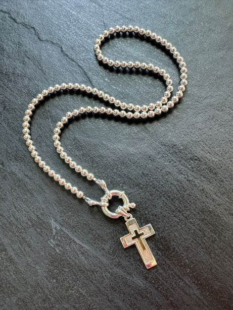 Sterling Silver Beaded Cross Necklace with 14K Gold Inlay - LeSilveStone