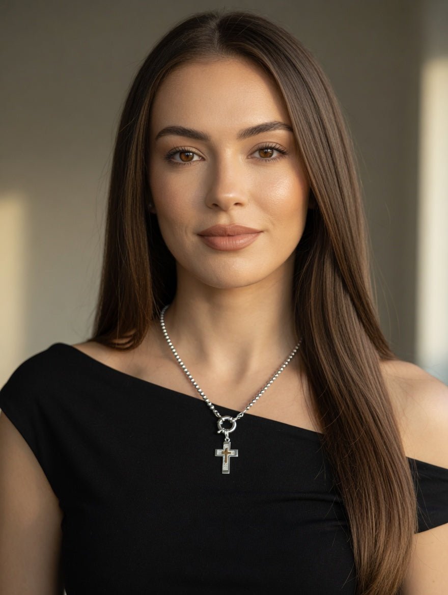 Sterling Silver Beaded Cross Necklace with 14K Gold Inlay - LeSilveStone