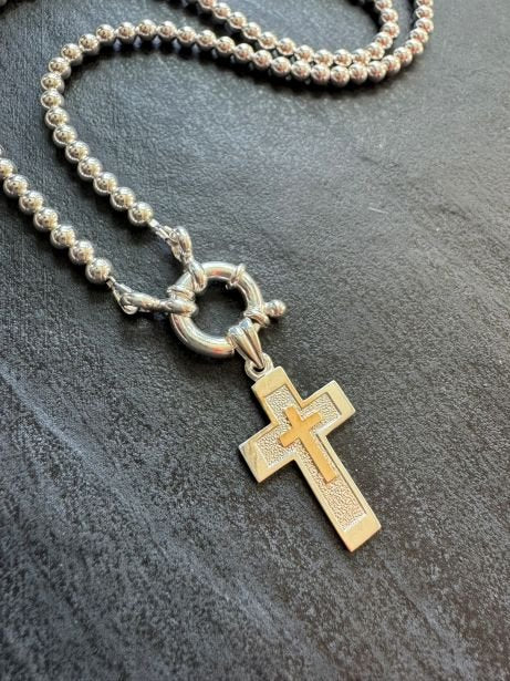 Sterling Silver Beaded Cross Necklace with 14K Gold Inlay - LeSilveStone