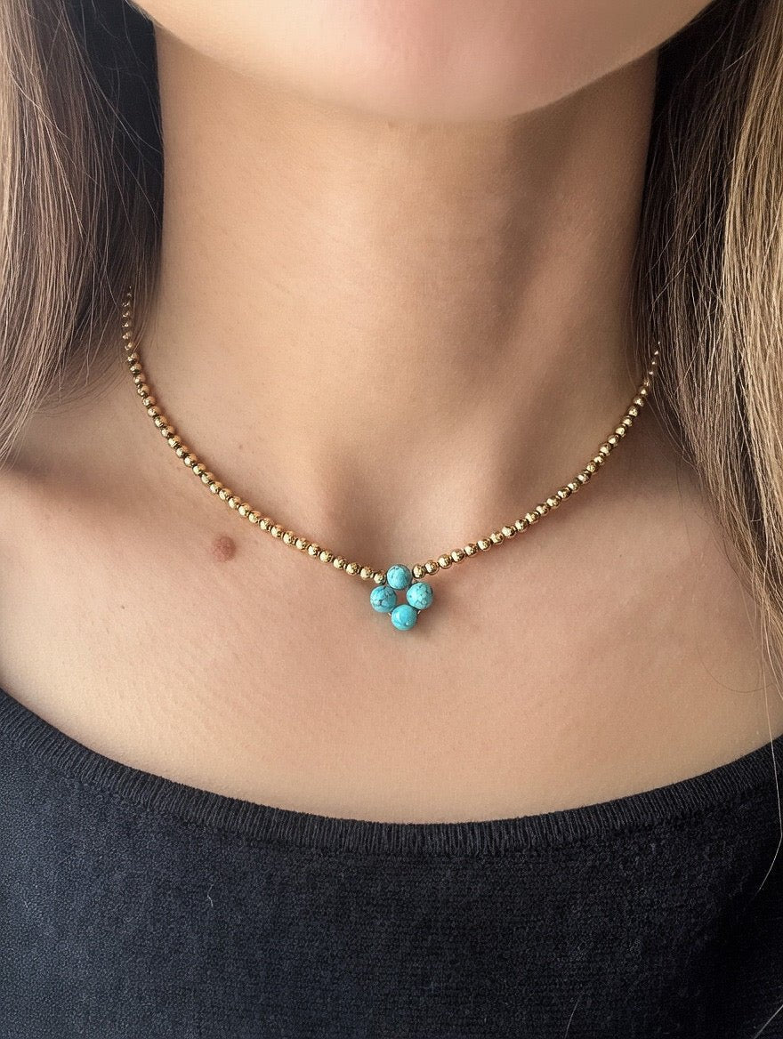 Turquoise Clover Beaded Necklace in 14K Gold Filled, 3 mm - LeSilveStone