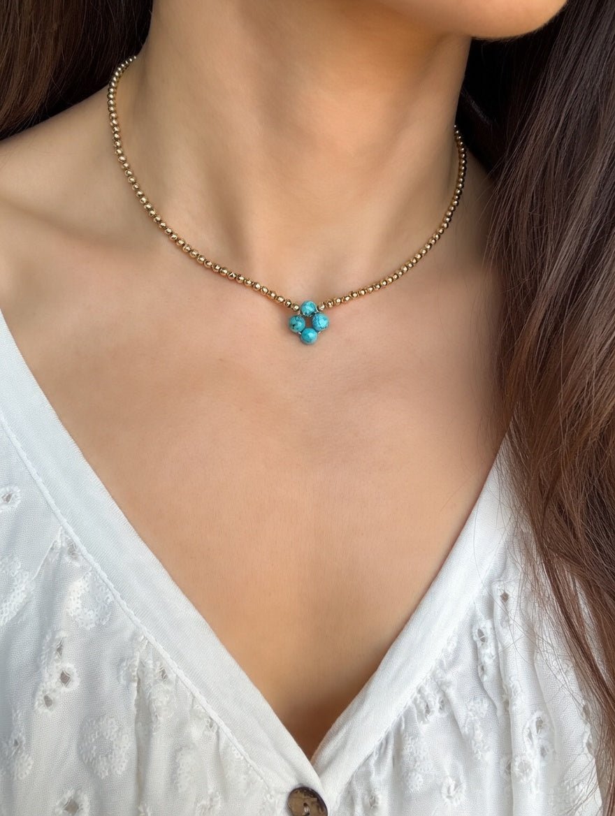 Turquoise Clover Beaded Necklace in 14K Gold Filled, 3 mm - LeSilveStone
