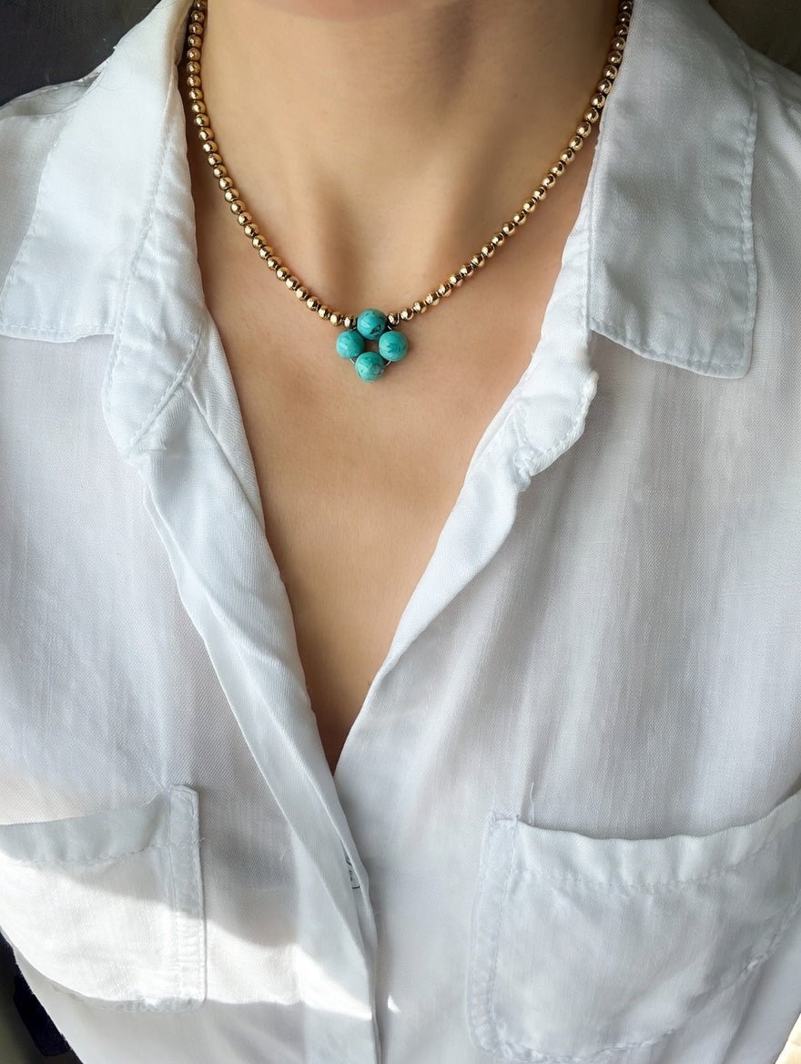 Turquoise Clover Beaded Necklace in 14K Gold Filled, 4 / 8 mm - LeSilveStone
