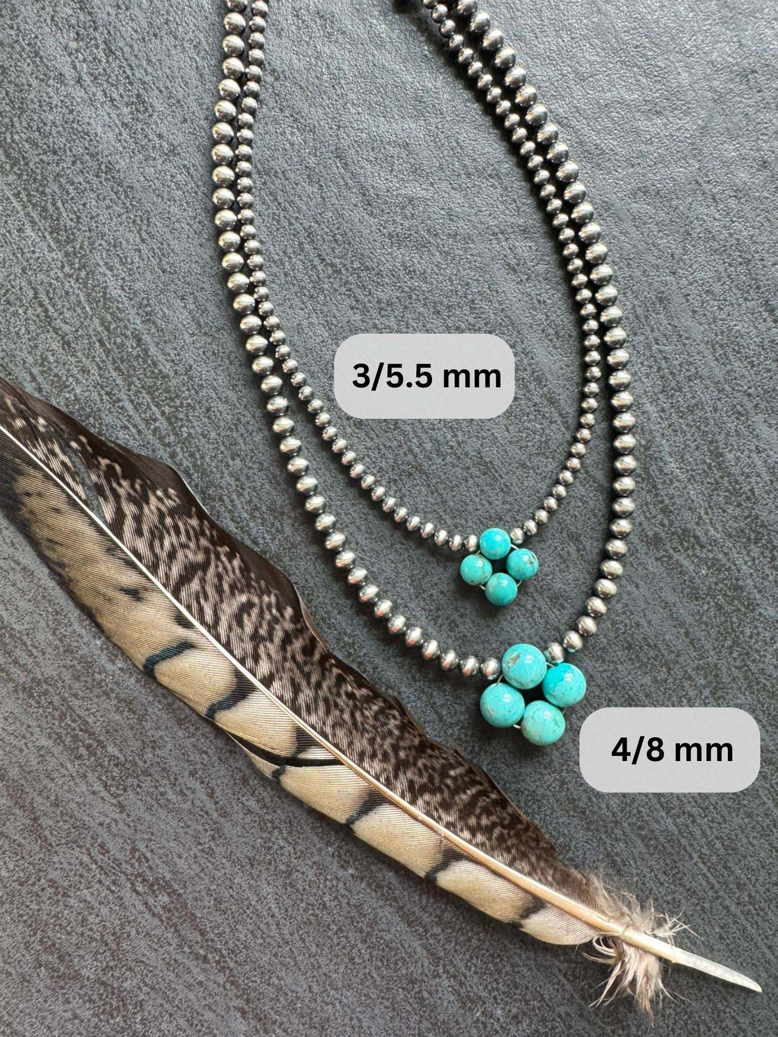 Turquoise Clover Navajo Pearl Style Necklace in Sterling Silver, 4 / 8 mm - LeSilveStone