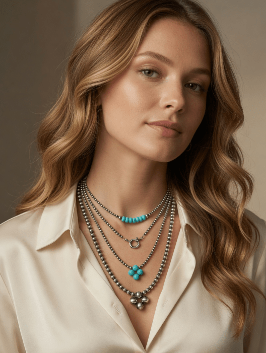 Turquoise Dawn - Navajo Pearl Style Necklace in Sterling Silver, 3 mm - LeSilveStone