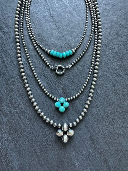 Turquoise Dawn - Navajo Pearl Style Necklace in Sterling Silver, 3 mm - LeSilveStone