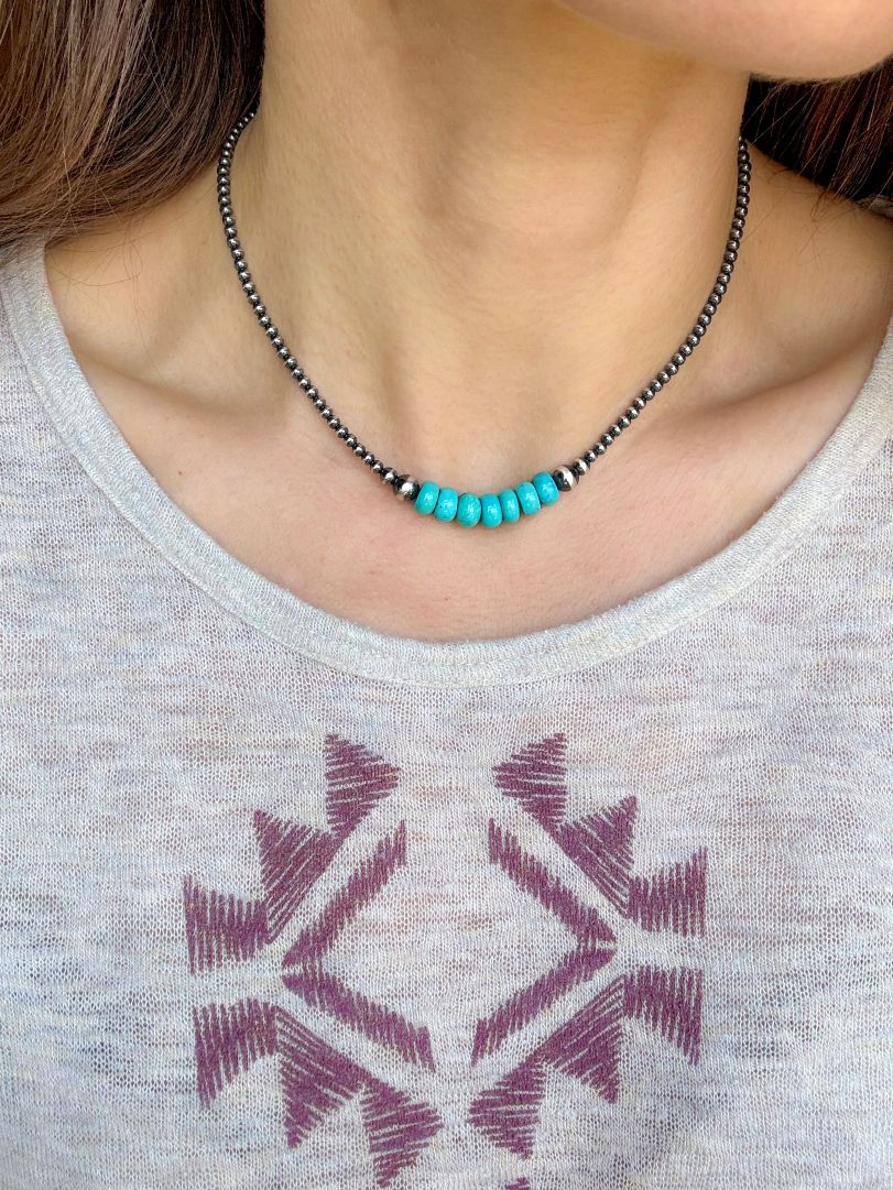 Turquoise Dawn - Navajo Pearl Style Necklace in Sterling Silver, 3 mm - LeSilveStone