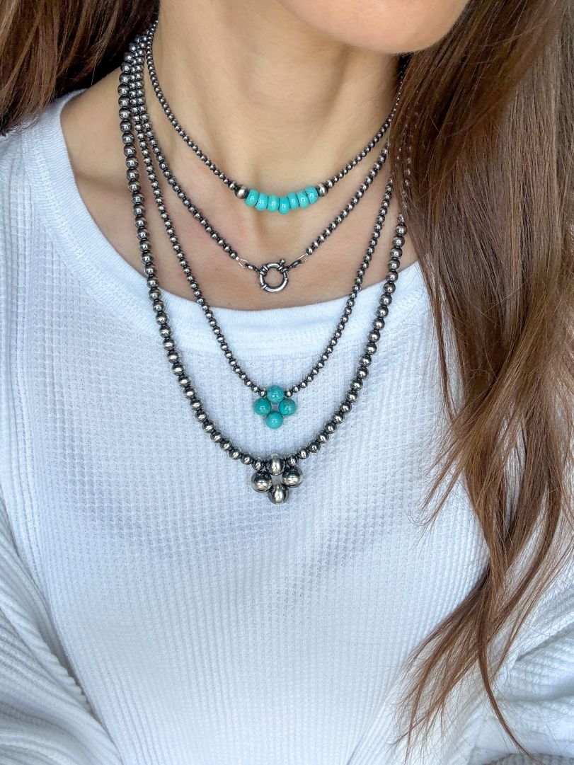Turquoise Dawn - Navajo Pearl Style Necklace in Sterling Silver, 3 mm - LeSilveStone