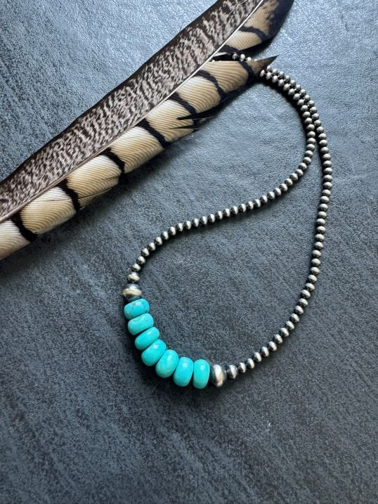 Turquoise Dawn - Navajo Pearl Style Necklace in Sterling Silver, 3 mm - LeSilveStone