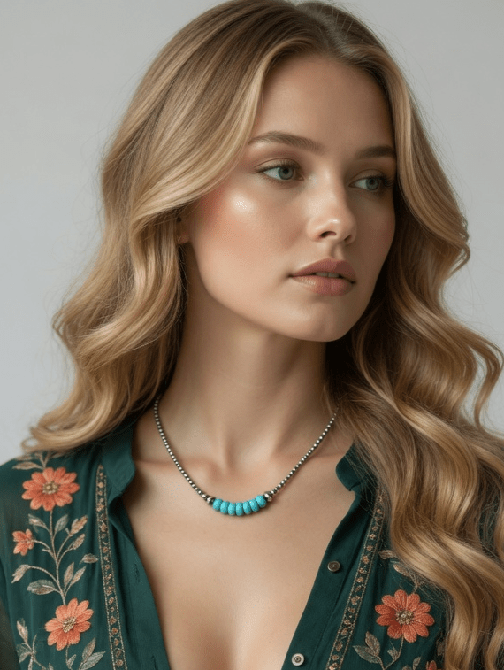 Turquoise Dawn - Navajo Pearl Style Necklace in Sterling Silver, 3 mm - LeSilveStone