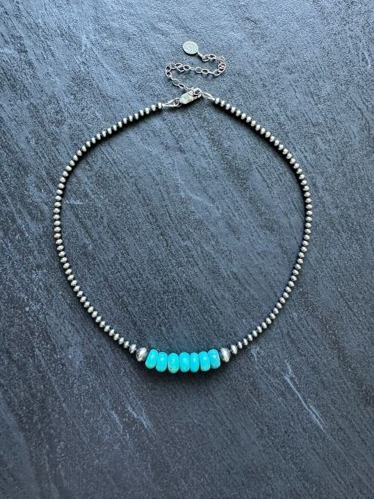Turquoise Dawn - Navajo Pearl Style Necklace in Sterling Silver, 3 mm - LeSilveStone