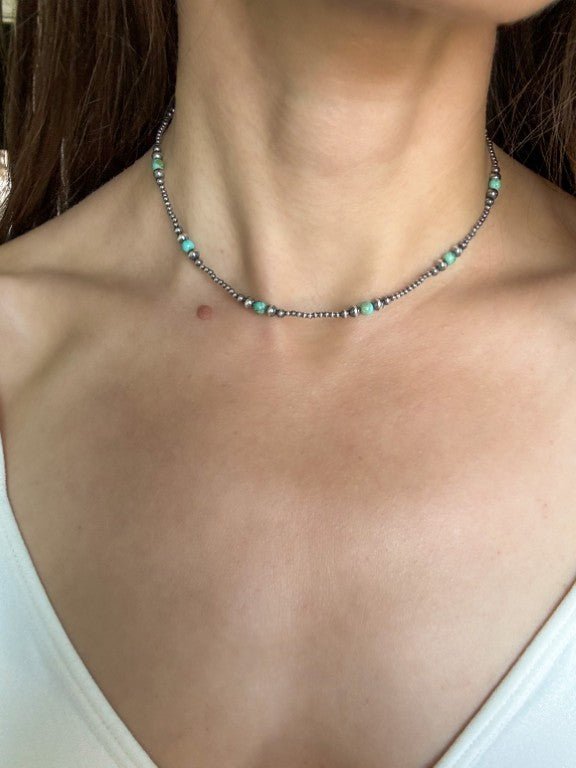 Turquoise Spark Dainty Choker Necklace in Sterling Silver, 2-4 mm - LeSilveStone