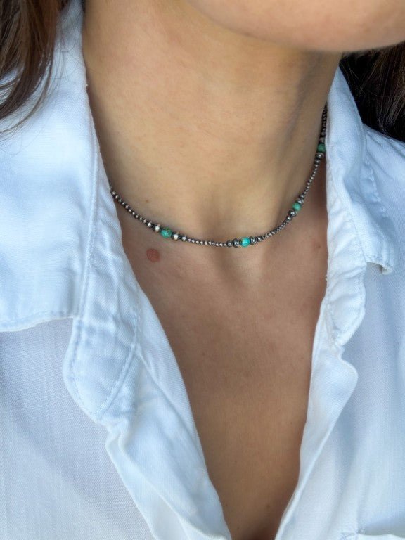 Turquoise Spark Dainty Choker Necklace in Sterling Silver, 2-4 mm - LeSilveStone