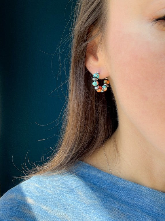 Spiny Oyster Mohave Copper Turquoise Earrings, Small Hoops