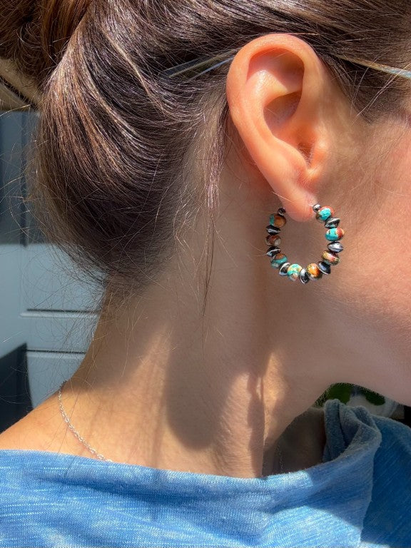 Spiny Oyster Mohave Copper Turquoise Earrings, Medium Hoops