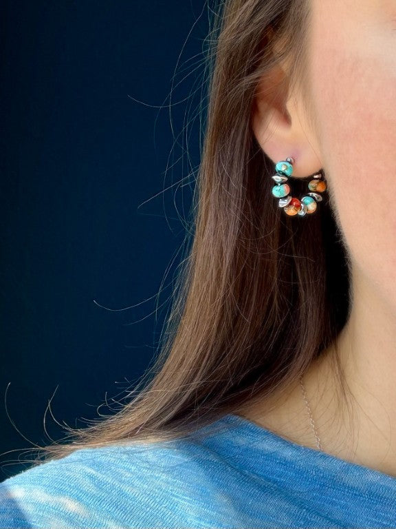 Spiny Oyster Mohave Copper Turquoise Earrings, Small Hoops
