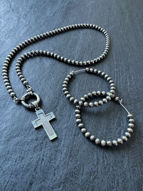 Western Beaded Cross Necklace in Sterling Silver - LeSilveStone