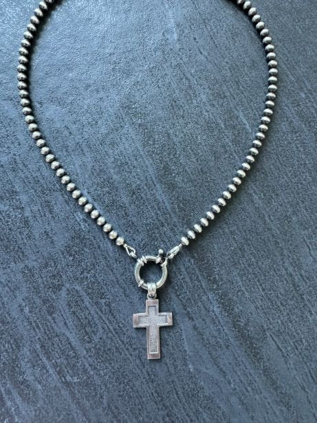Western Beaded Cross Necklace in Sterling Silver - LeSilveStone