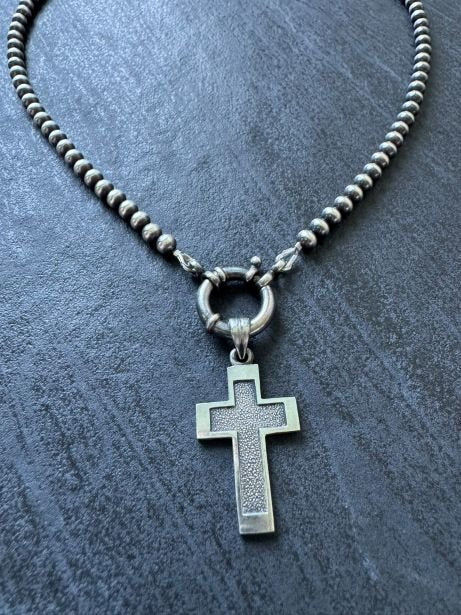 Western Beaded Cross Necklace in Sterling Silver - LeSilveStone