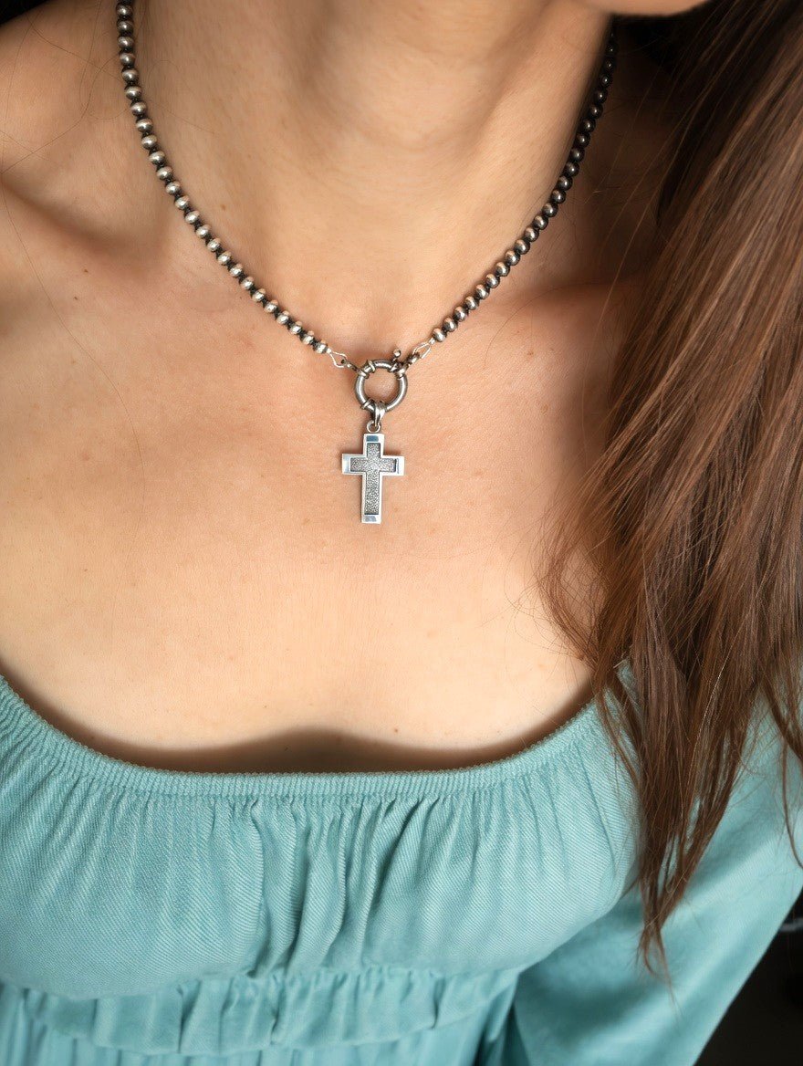 Western Beaded Cross Necklace in Sterling Silver - LeSilveStone