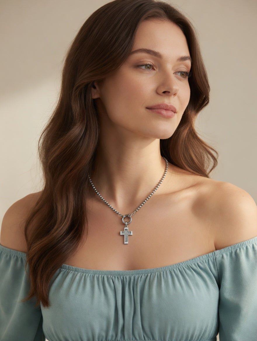 Western Beaded Cross Necklace in Sterling Silver - LeSilveStone