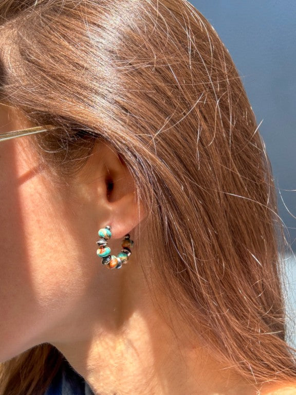 Spiny Oyster Mohave Copper Turquoise Earrings, Small Hoops