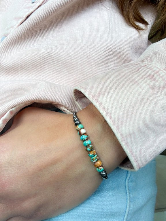 Mohave Copper Turquoise - Navajo Pearl Style Bracelet in Sterling Silver, 3 mm