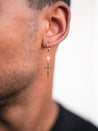 White Topaz 14K Gold Dangle Cross Earrings with featuring leverback earwire and plain cross shown on mens ear - LeSilveStone