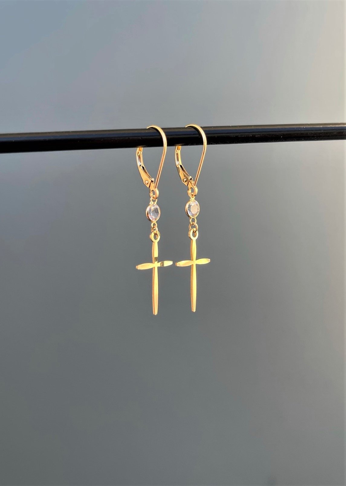 14K Gold Dangle Cross Earrings with White Topaz - LeSilveStone