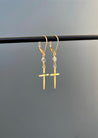 14K Gold Dangle Cross Earrings with White Topaz - LeSilveStone