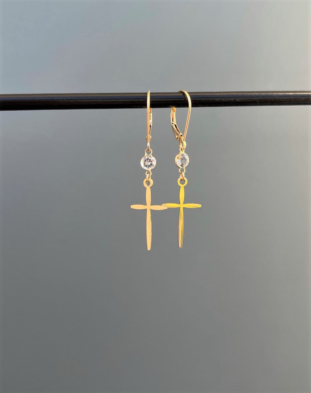 14K Gold Dangle Cross Earrings with White Topaz - LeSilveStone