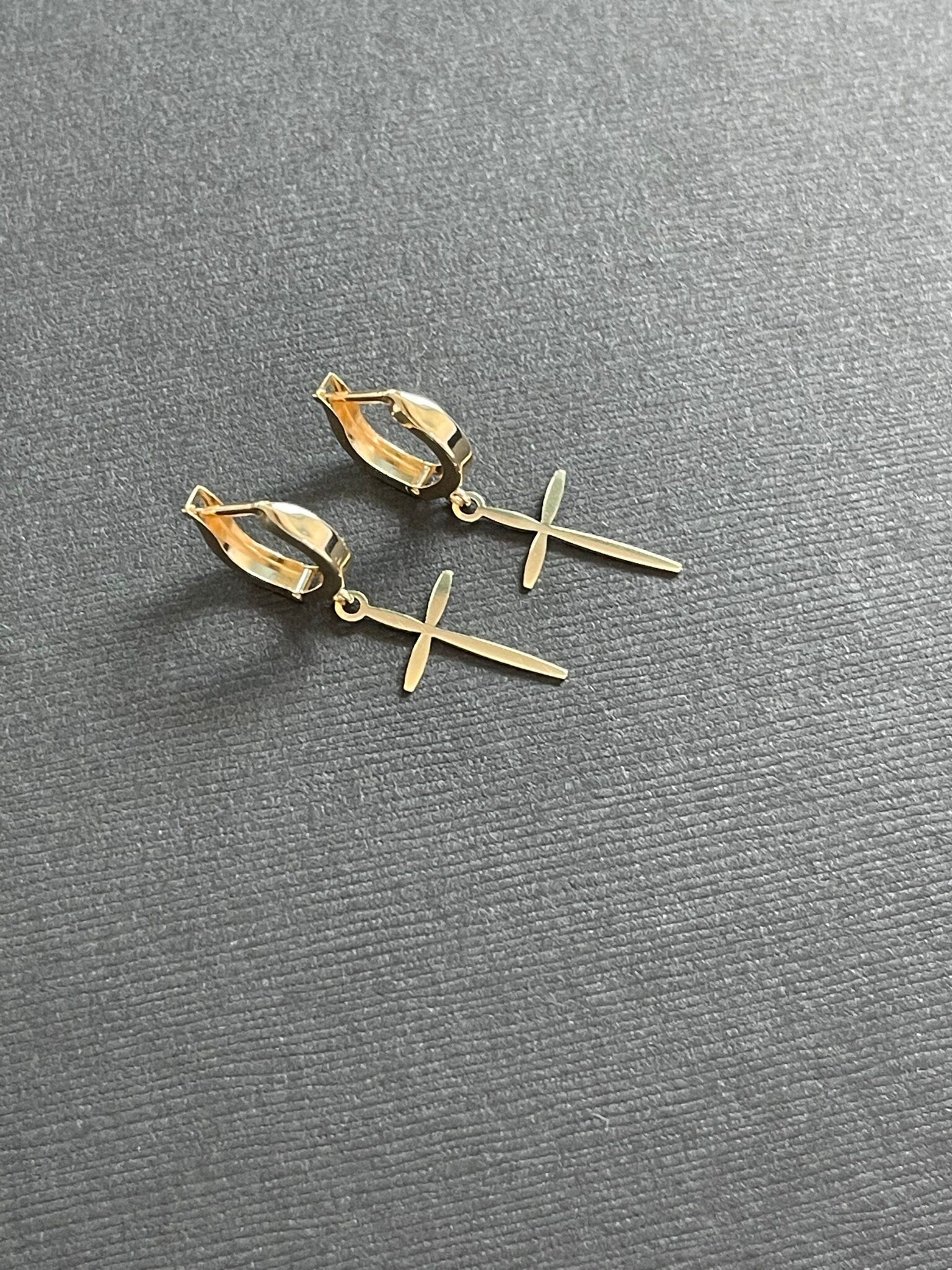 14k Gold Wide Huggie Earrings with Large Cross - LeSilveStone