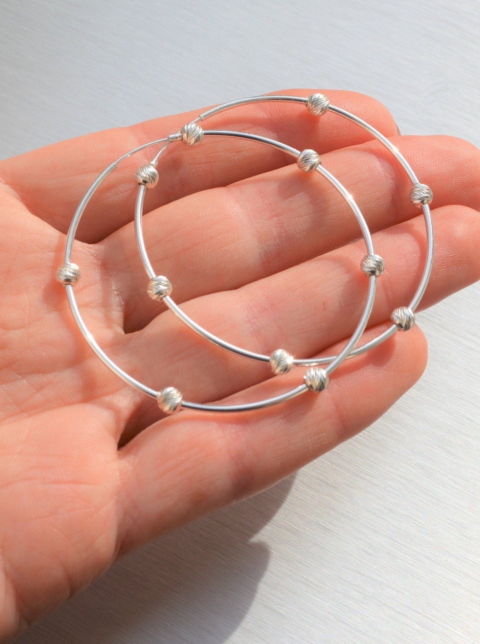 Beaded Sterling Silver Hoop Earrings - Diamond Cut - LeSilveStone