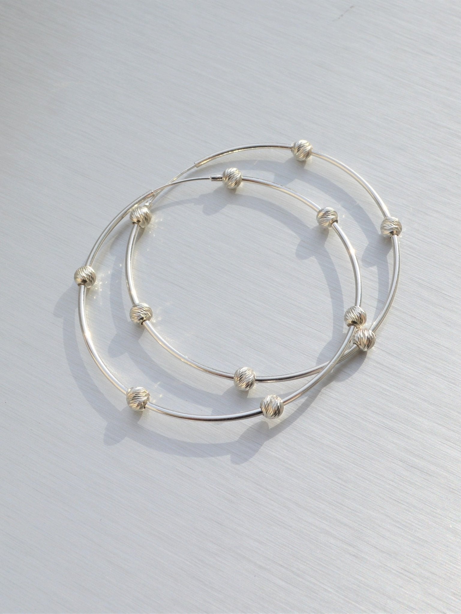 Beaded Sterling Silver Hoop Earrings - Diamond Cut - LeSilveStone