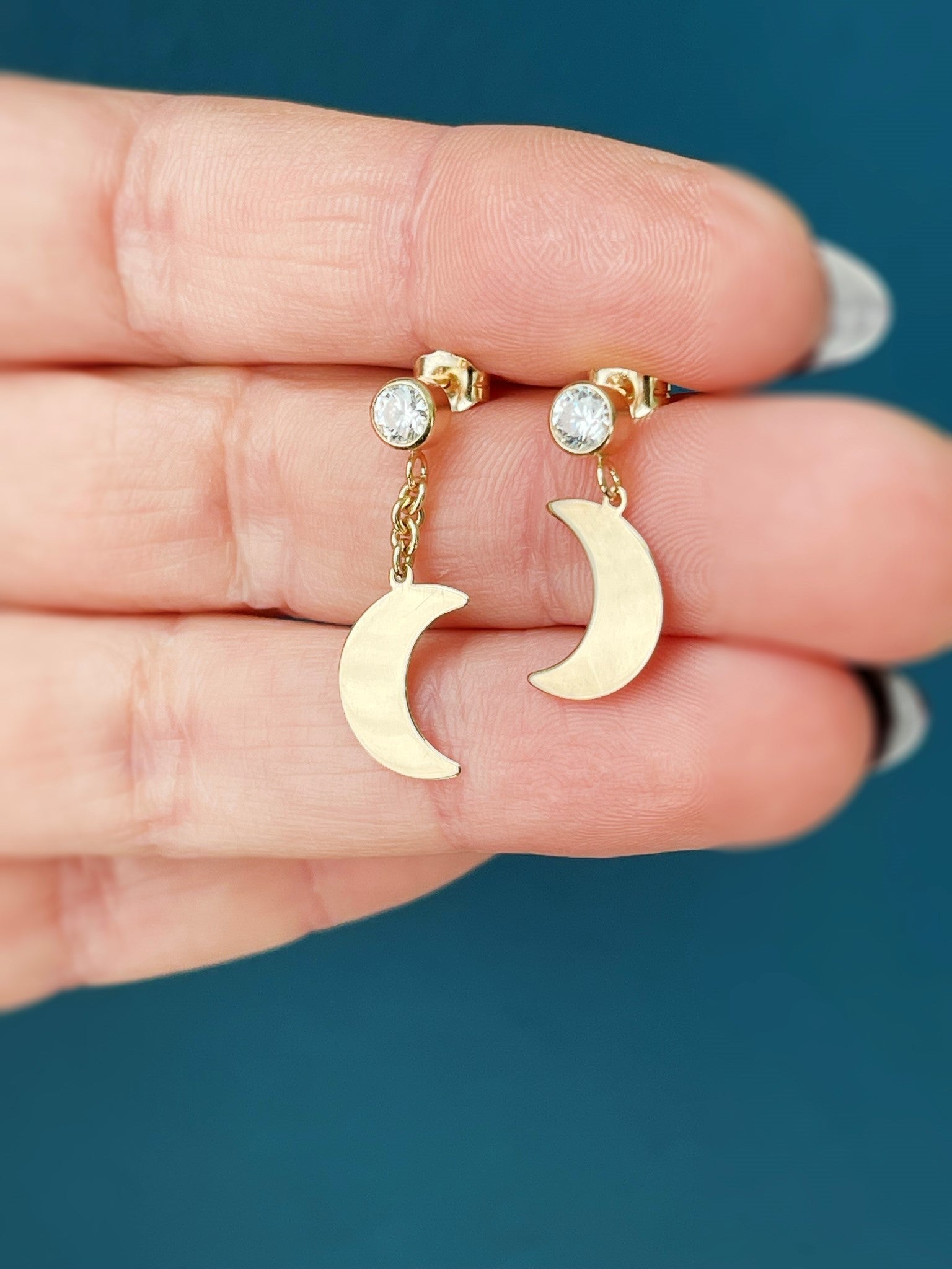 Crescent Moon 14K Gold Cubic Zirconia Diamond Dangle Stud Earrings - LeSilveStone