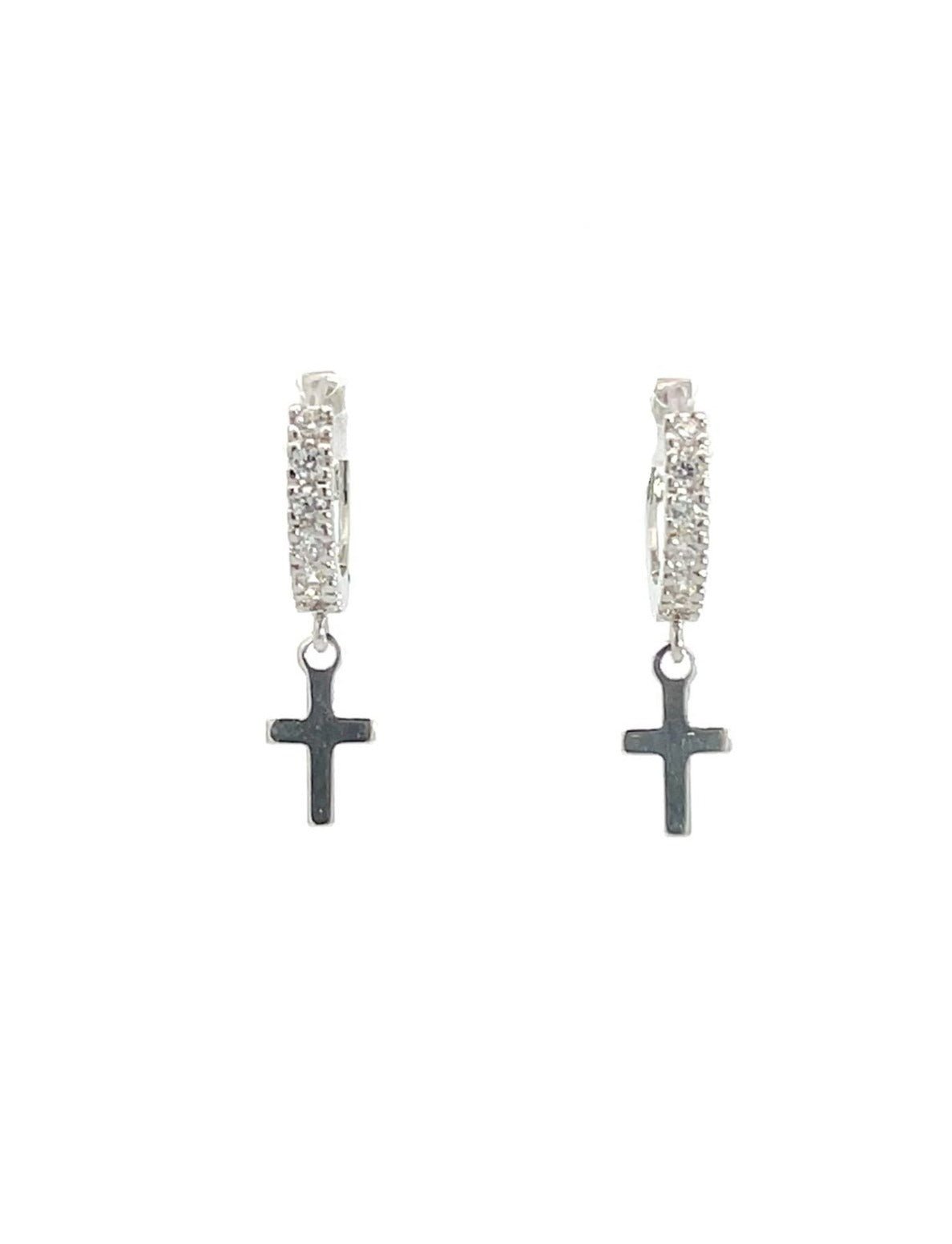 Cubic Zirconia Diamond Huggie Hoop Earrings with Tiny Cross - LeSilveStone