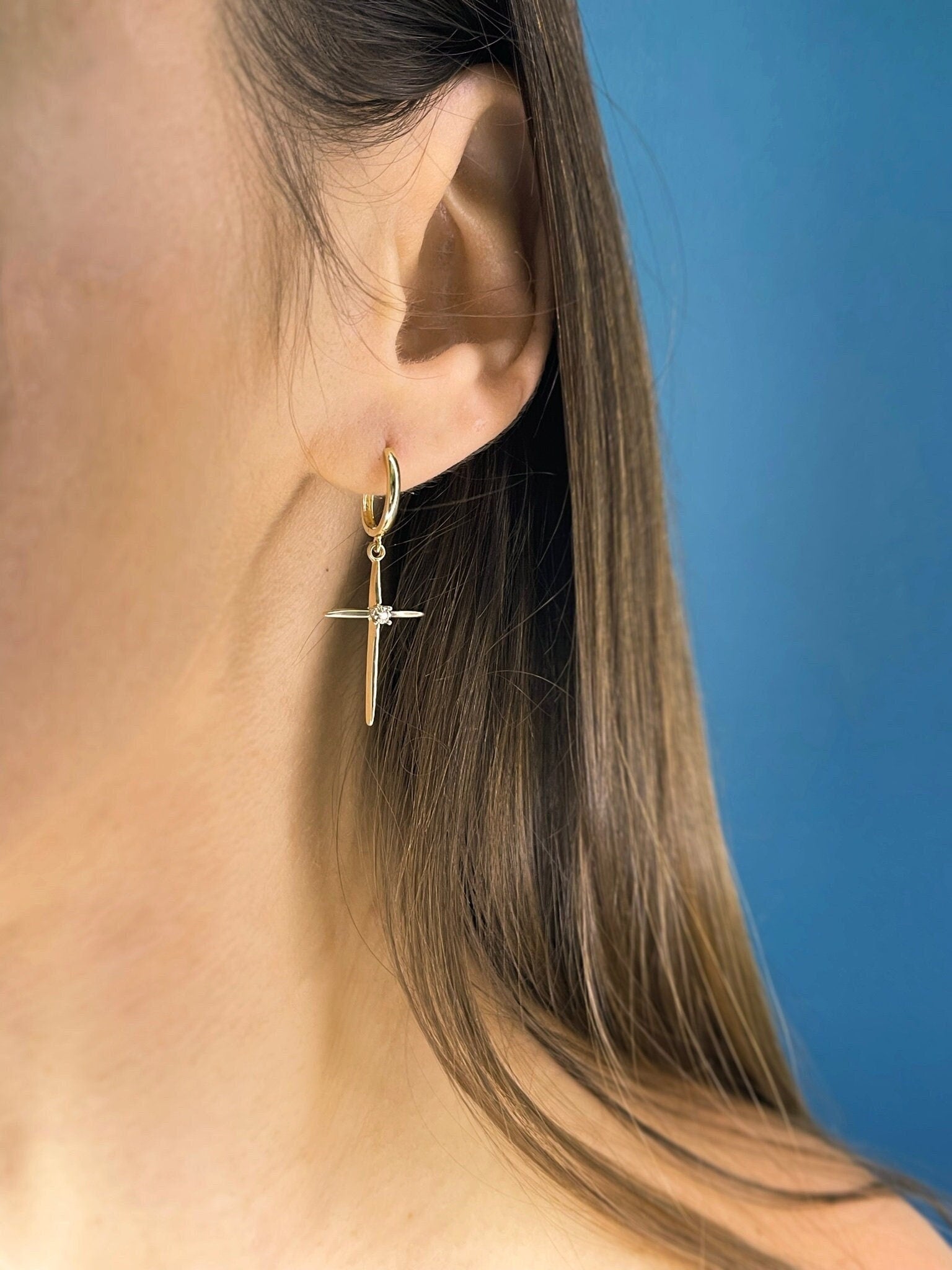 Large 14K Gold Cross Earrings With Real Diamonds - LeSilveStone