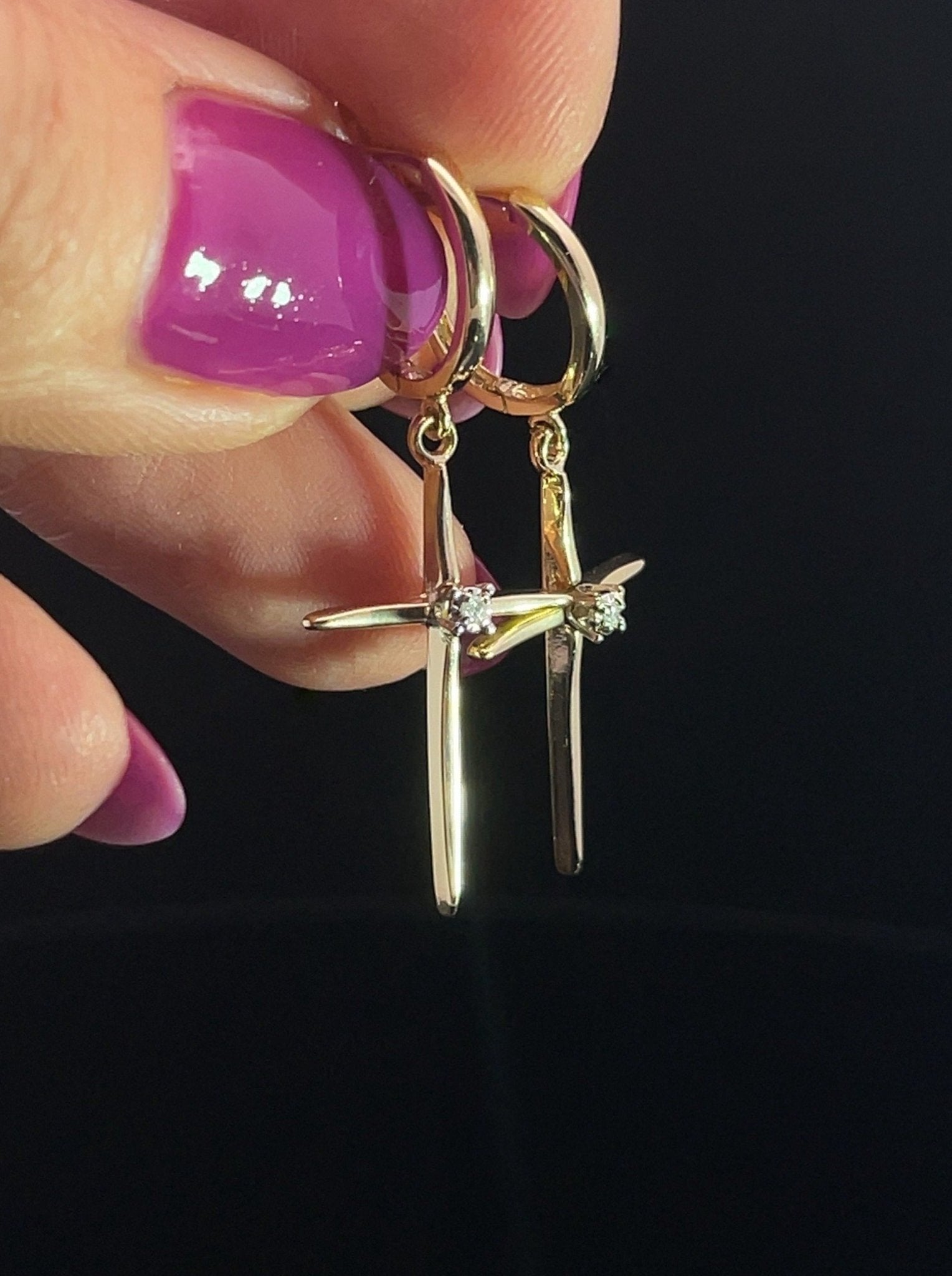 Large 14K Gold Cross Earrings With Real Diamonds - LeSilveStone