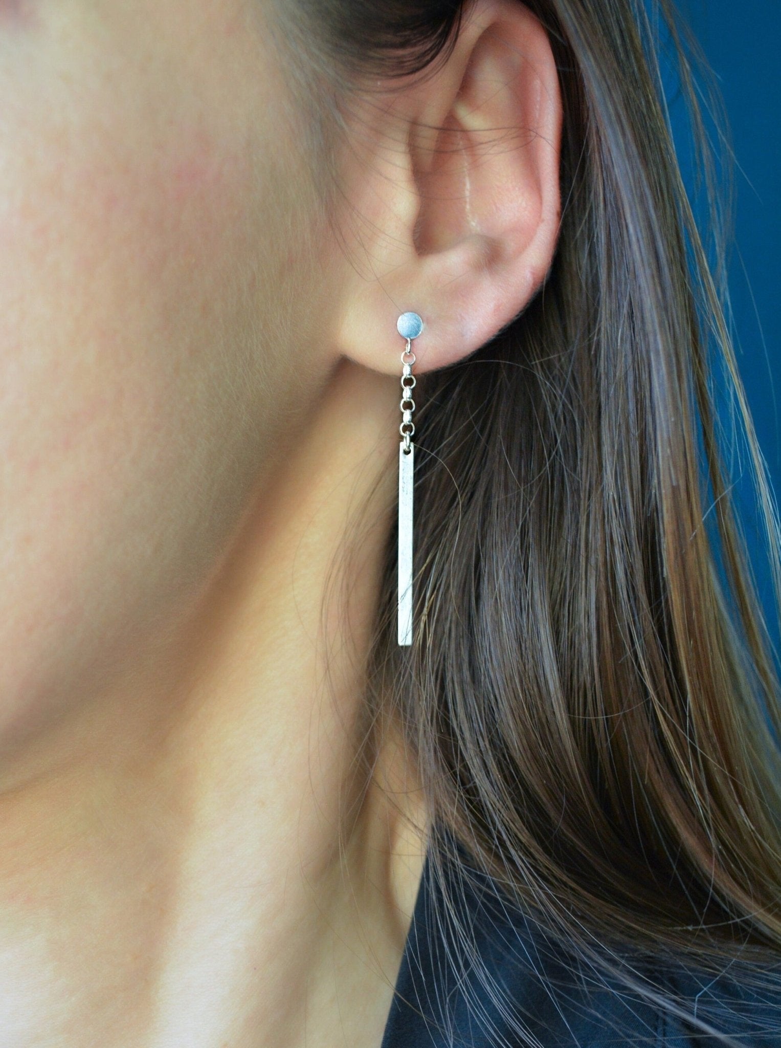 Long Dangle Chain Earrings Silver Bar Tips - LeSilveStone