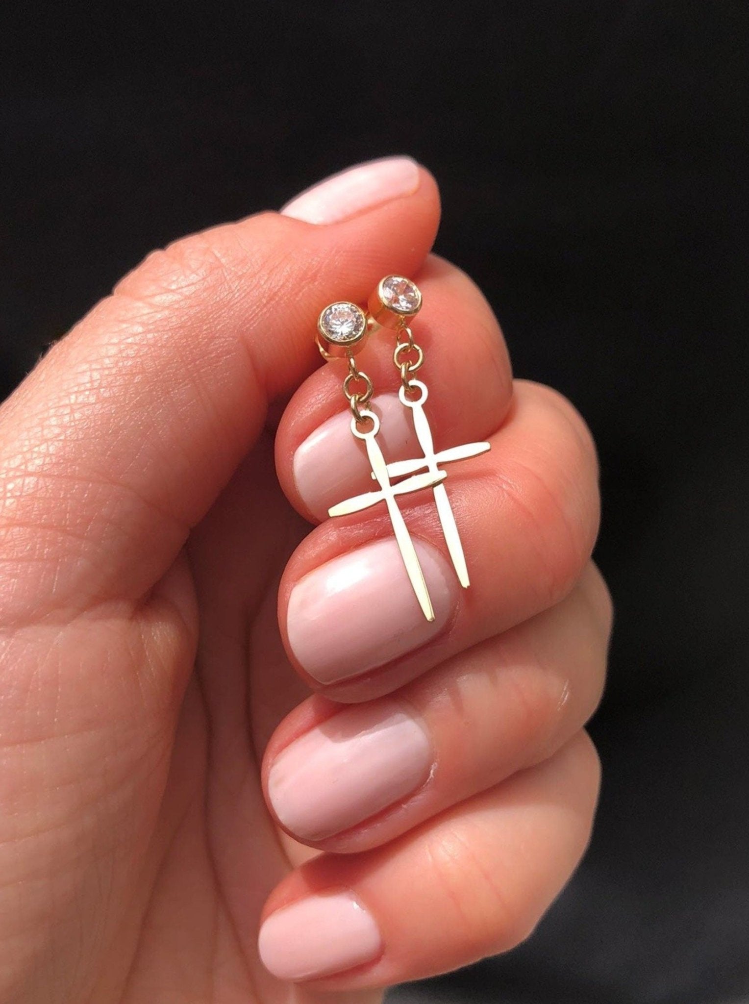 Men's 14K Gold Dangle Cross Earrings with Cubic Zirconia Diamond Stud - LeSilveStone