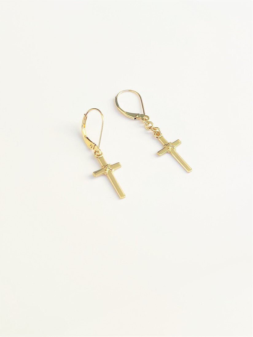 Men's Dangle 14K Gold Earrings with Rope Accent Cross - LeSilveStone