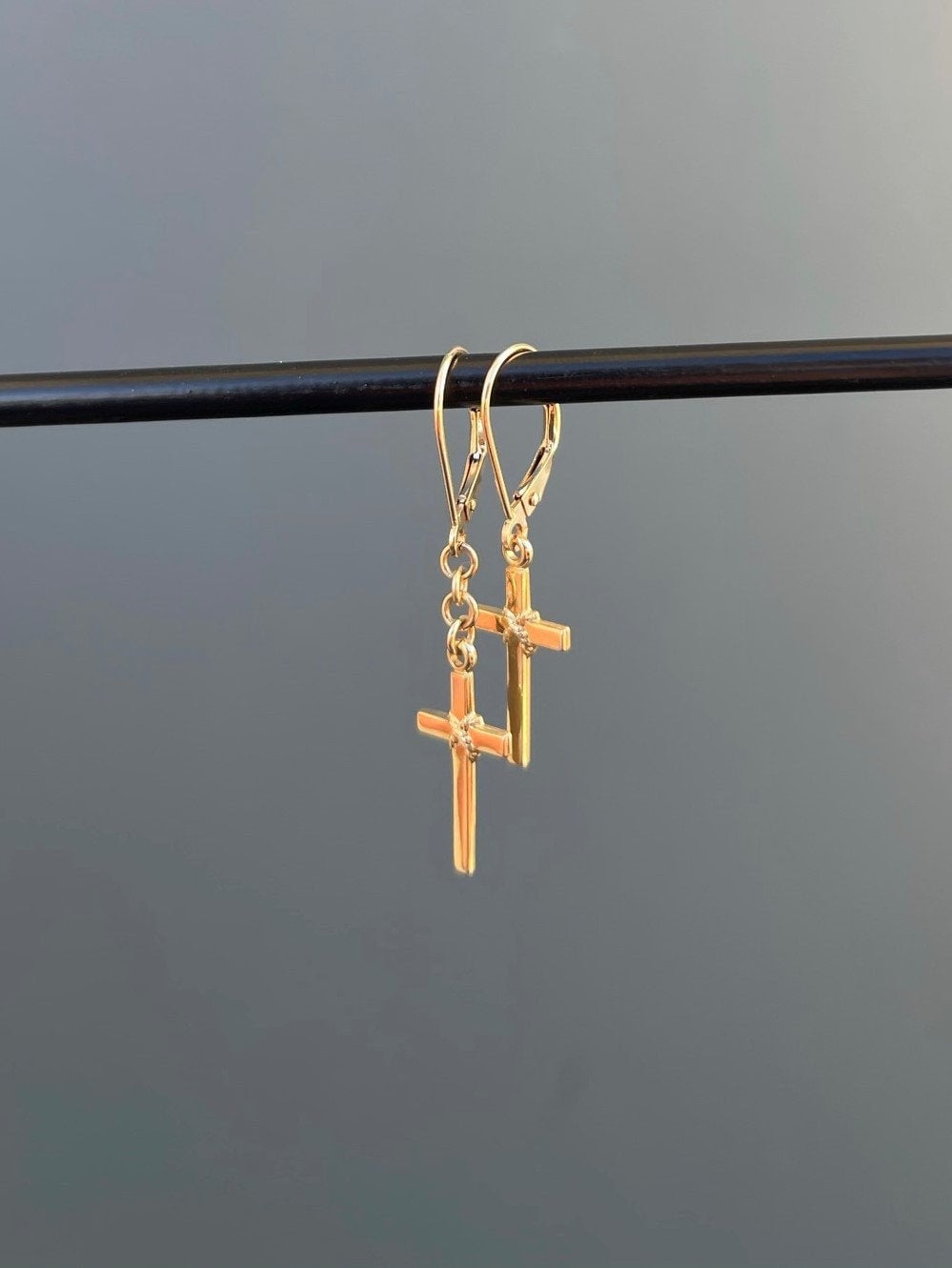 Men's Dangle 14K Gold Earrings with Rope Accent Cross - LeSilveStone