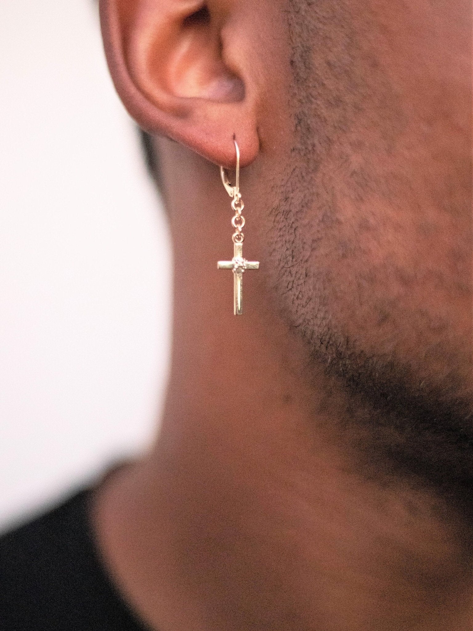 Men's Dangle 14K Gold Earrings with Rope Accent Cross - LeSilveStone