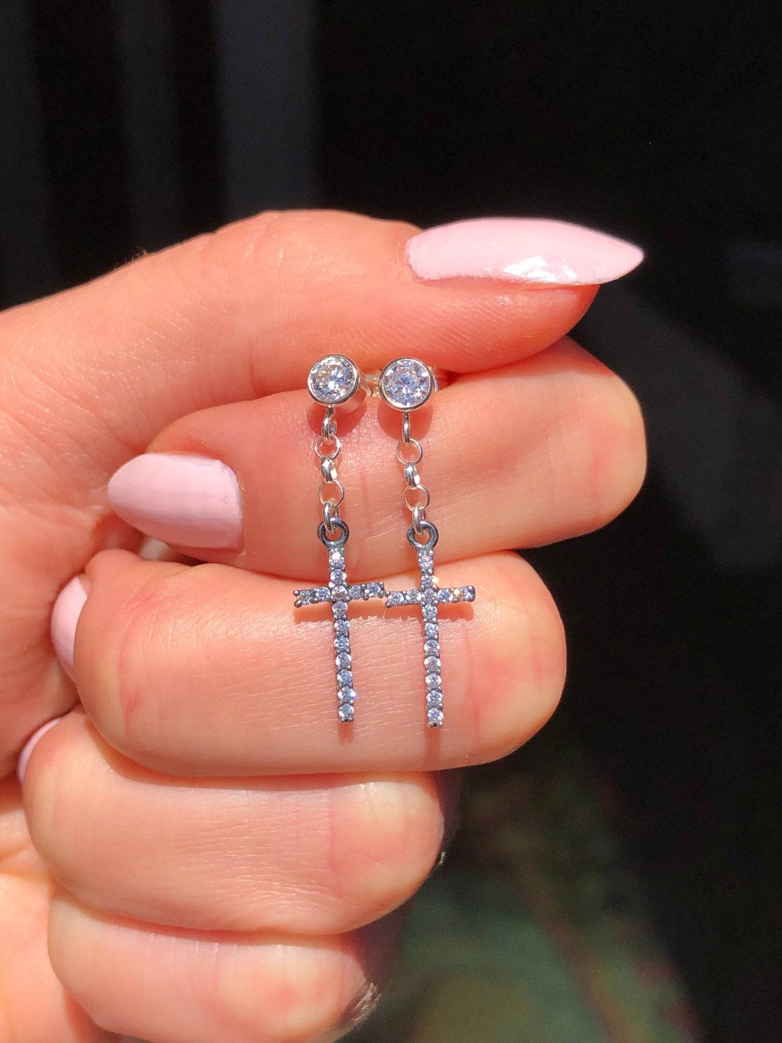 Men's Dangle Cross Earrings with White Cubic Zirconia Diamond Studs - LeSilveStone