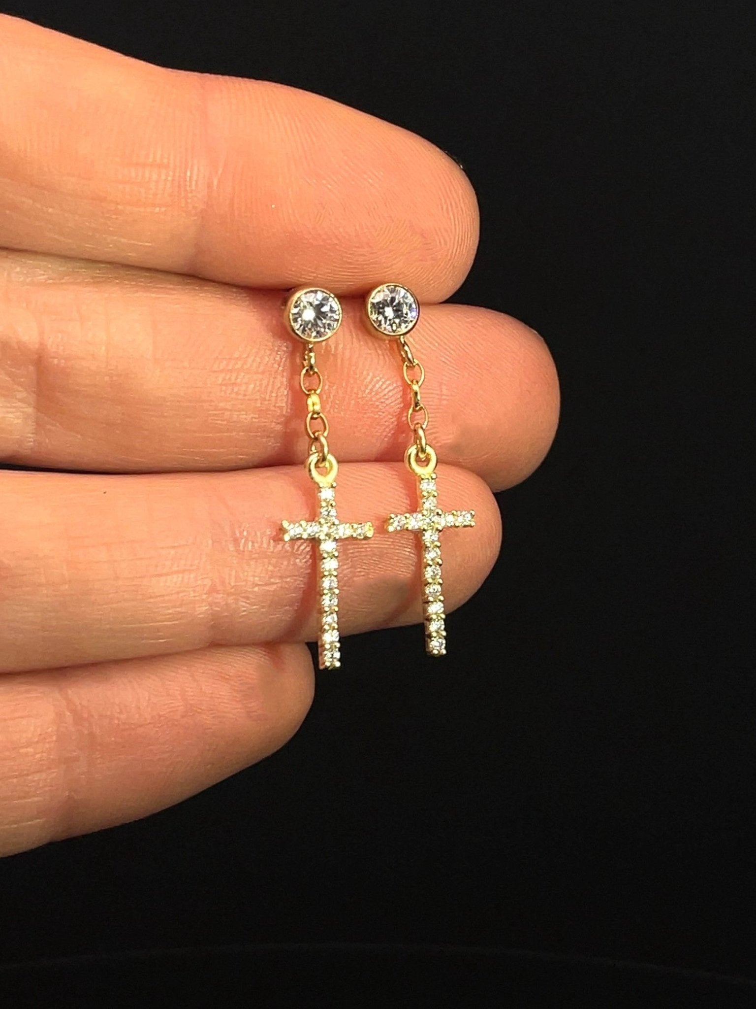 Men's Dangle Cross Earrings with White Cubic Zirconia Diamond Studs - LeSilveStone