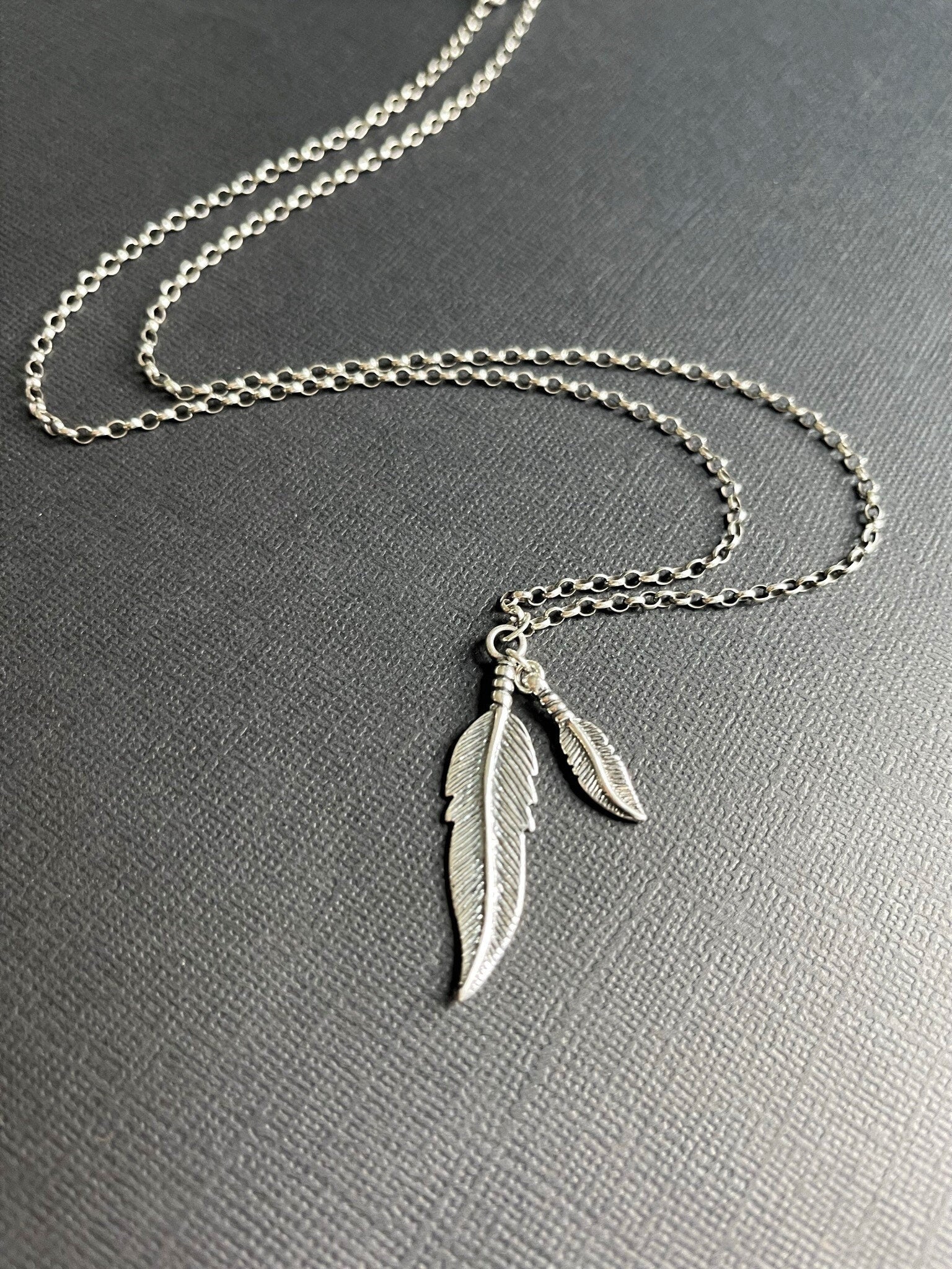 Oxidized Sterling Silver Necklace with Double Feather Pendant - LeSilveStone