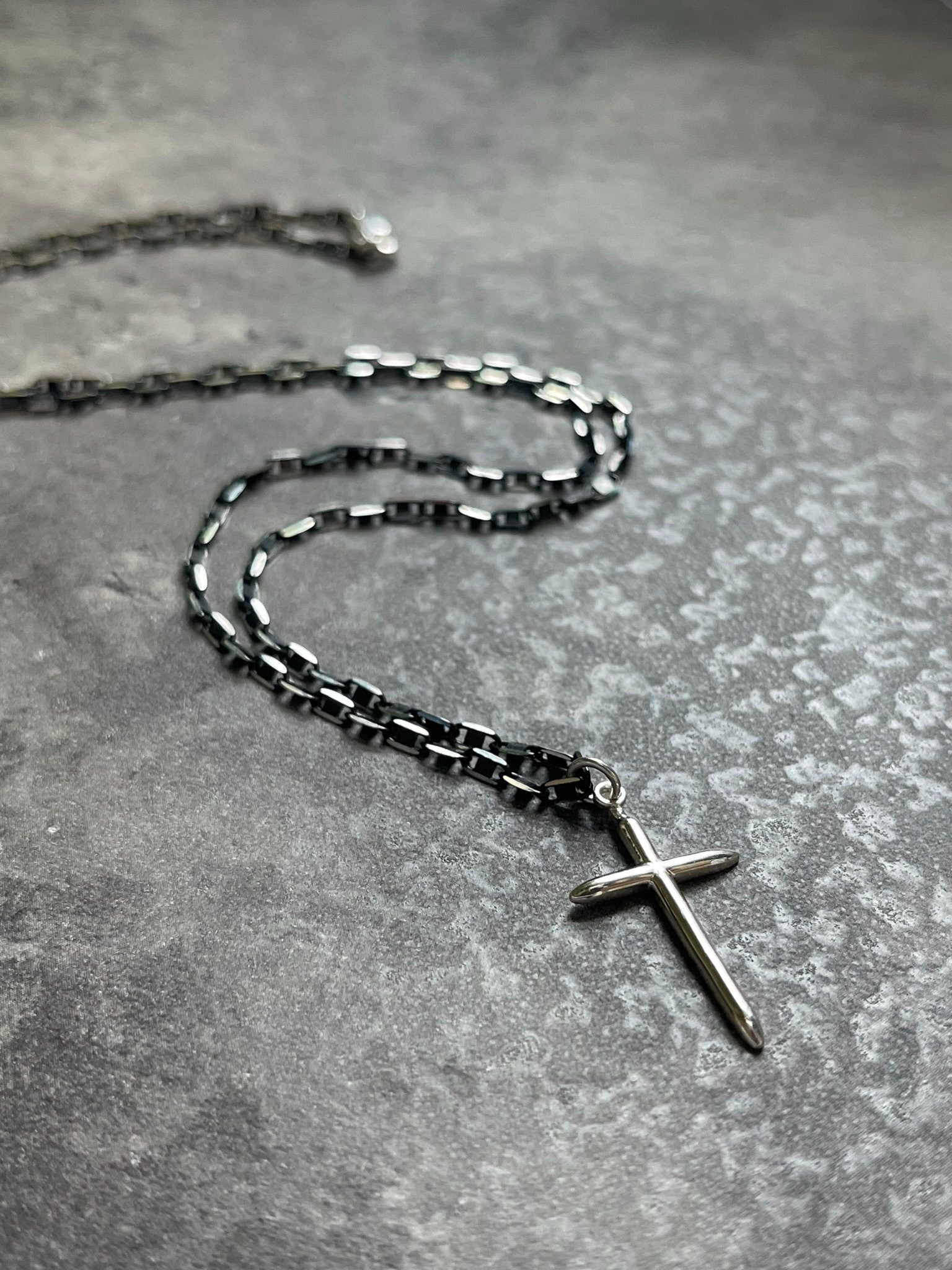 Razorblade Chain Cross Necklace in Sterling Silver with Black Finish - LeSilveStone