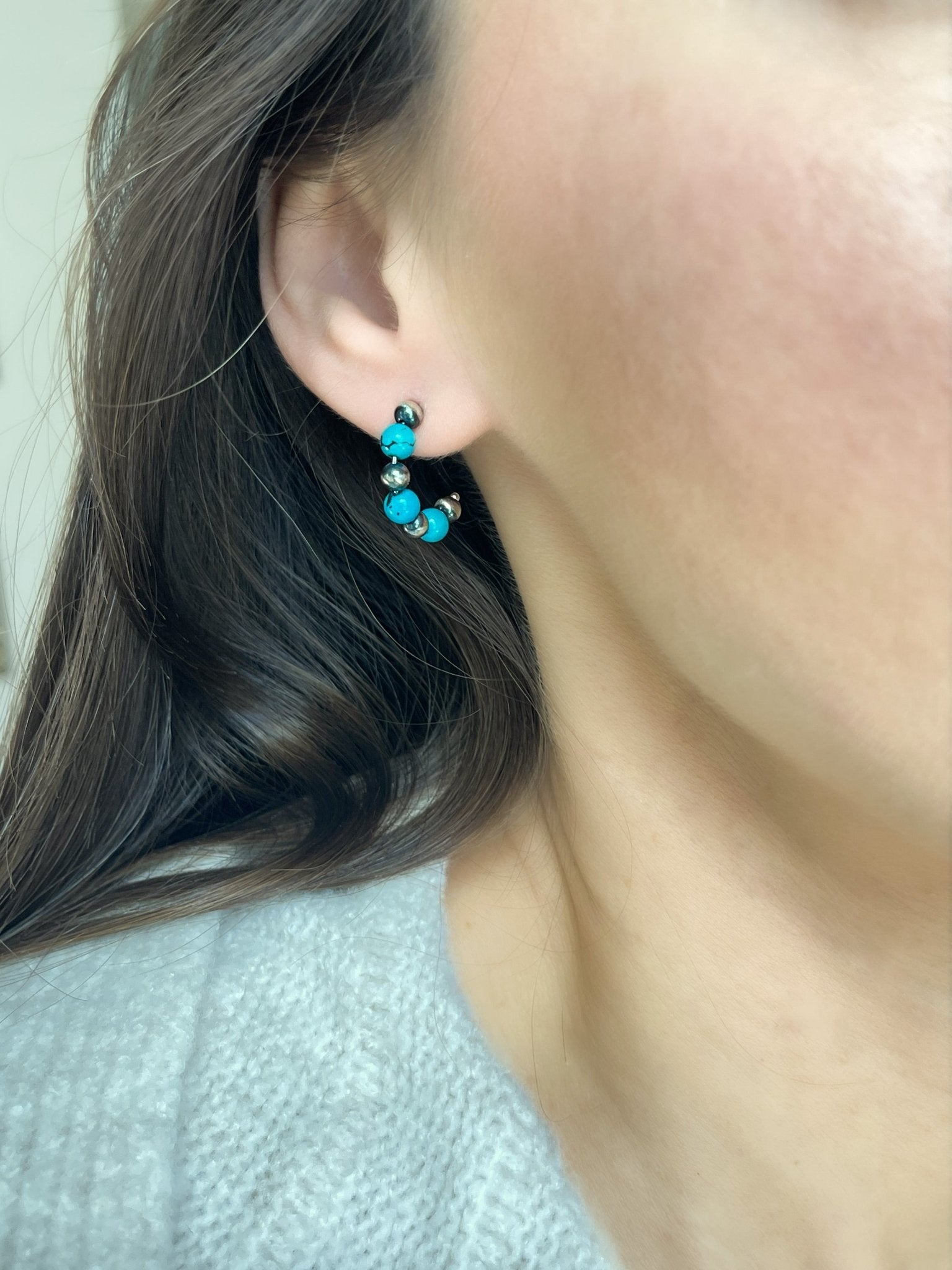 Small Turquoise & Navajo Pearls Sterling Silver Hoop Earrings - LeSilveStone