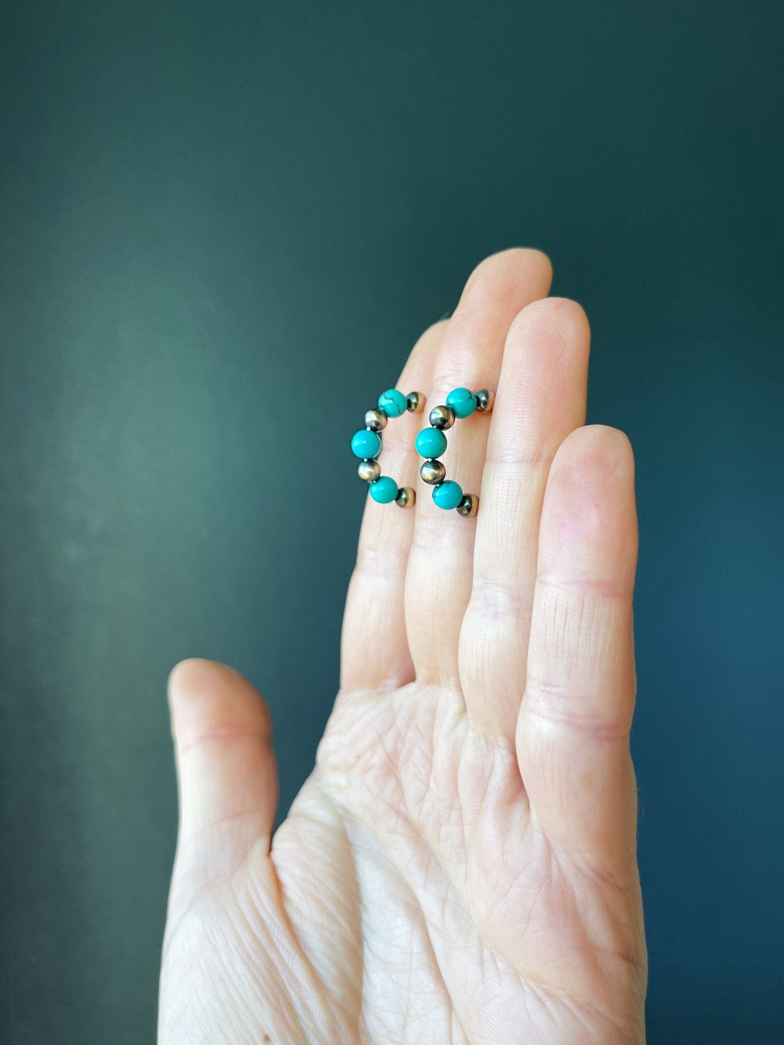 Small Turquoise & Navajo Pearls Sterling Silver Hoop Earrings - LeSilveStone